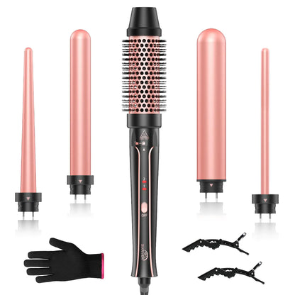 5 in 1 Curling Iron Sixriver Hair Curling Wand Set with Curling Thermal Brush&4 Interchangeable Ceramic Curling Wand(0.4”-1.25”) Long Lasting Curls Fast Heating Hair Wand Curler with Glove&2 Clips